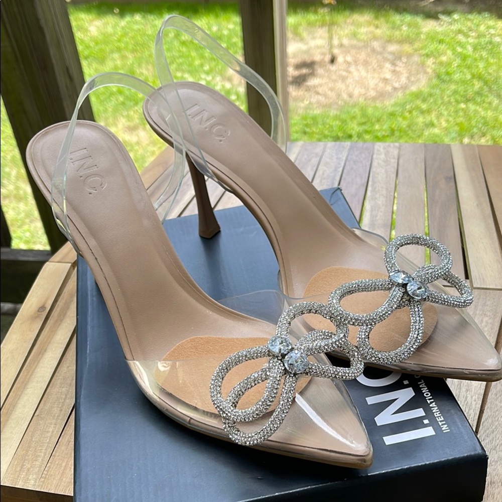 INC International Concepts Tan Heels with Rhinestone Embellishments